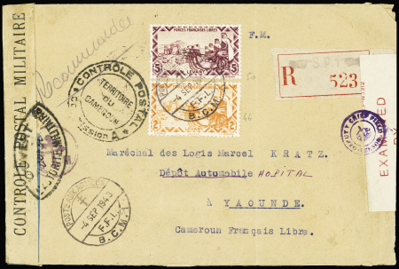 Levant n°46 + 50 OBL grand CAD à pont "Poste aux armées FFL BCM 1" (1943 - Beyrouth sur lettre recommandée pour le Cameroun). TB