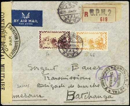 Levant n°46 + 50 OBL grand CAD à pont "Poste aux armées FFL BPM 2" (1944 - Damas) sur lettre recommandée avion censurée pour le Cameroun. TB