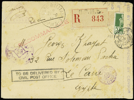 Algérie n°183 OBL CAD "Poste militaire BPM 5" (1944 - 1ère DFL) sur lettre recommandée censurée pour Le Caire