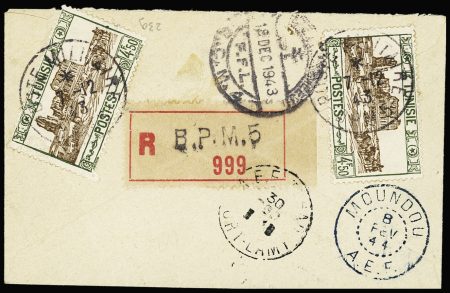 Tunisie n°339, 2 pièces, OBL CAD "Poste militaire BPM 5" (1944) au verso d'une petite lettre recommandée censurée pour le Tchad avec cachet triangulaire bleu à croix de Lorraine "2347 censuré". TB