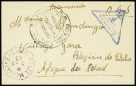 Tunisie n°339, 2 pièces, OBL CAD "Poste militaire BPM 5" (1944) au verso d'une petite lettre recommandée censurée pour le Tchad avec cachet triangulaire bleu à croix de Lorraine "2347 censuré". TB