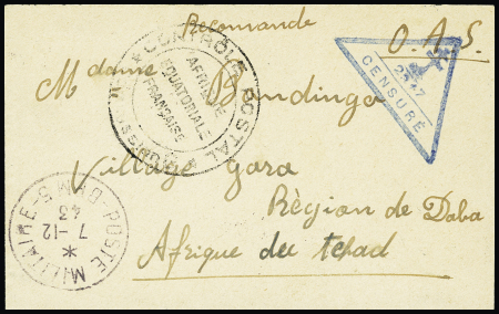 Tunisie n°339, 2 pièces, OBL CAD "Poste militaire BPM 5" (1944) au verso d'une petite lettre recommandée censurée pour le Tchad avec cachet triangulaire bleu à croix de Lorraine "2347 censuré". TB