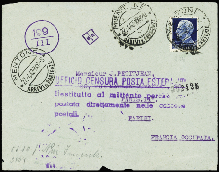 Italie n°234 OBL CAD "Mentone arrivi e partenze" (1942) sur lettre avec griffe violette de prélèvement de la carte d'identité, adressée à Paris. TB