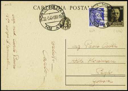 France n°407, 10c Mercure, en mixte sur entier carte postale 30c brun OBL CAD "Posta militare Nro 42" (29.6.40 - poste volante Vintimille - Menton). TB