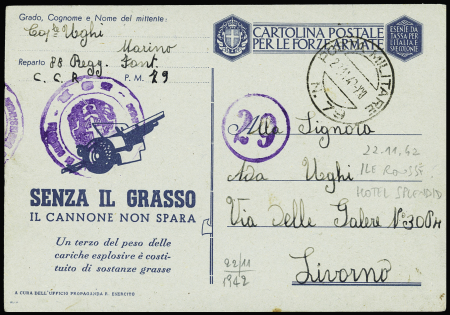 CP italienne de franchise militaire avec CAD "Posta militare N.79" (22.11.42 Ile Rousse Corse). TB