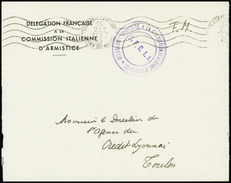 Lettre en franchise à en-tête "Délégation française à la commission italienne d'armistice" avec cachet violet "Délégation française à la commission italienne d'armistice DFCIA" et OBL mec de Marseille gare (sept 1942). T