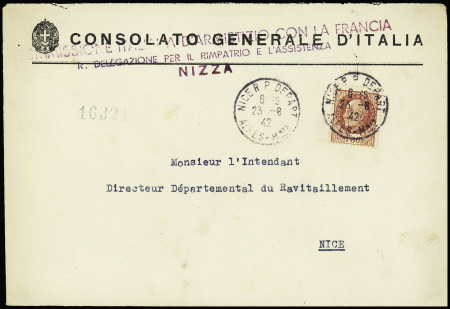 N°517 OBL "Nice RP départ" (23.8.42) sur lettre à en-tête "Consolato generale d'Italia" + griffe violette "Comissione italiana d'armistizio con la Francia R. delegazione per il rimpatrio e l'assistenza Nizza". TB