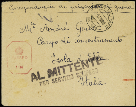 Lettre en franchise avec CAD "posta militare N112" (8.3.43 - Bastia) adressée au camp de concentration de l'Ile d'Elbe avec marque de retour "Al mittente per servizio sospeso". TB