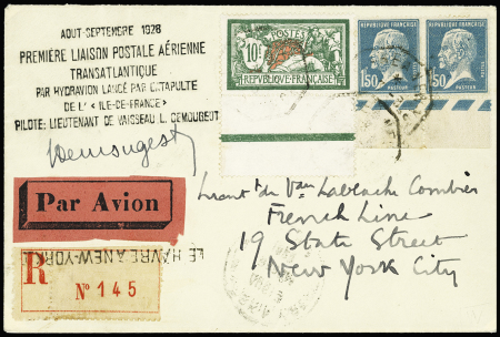 N°181 en paire + n°207 OBL octo "Le Havre à New-York" (13.8.1928) sur lettre recommandée pour New-York avec griffe 6 lignes du catapultage et signature du pilote Demougeot (Il s'agit du premier catapultage de l'Ile de Fr