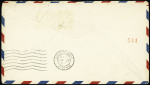 Env. entier postal 5c bleu + USA n°237 + 245 OBL "Varick NY" (20.8.1929) avec en-tête "Herman Toaspern" et mention manuscrite imprimée "resumption of catapult air mail service" (rétablissement du service par catapulte).