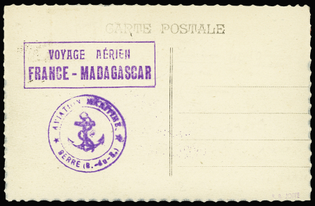11.10.1926 Berre-Tanger par Bernard et Bougault, carte postale avec cachet rect violet "Voyage aérien France-Madagascar" + cachet violet avec ancre "Aviation maritime Berre (B du R)" (Muller France n°130 - 13 CP existan