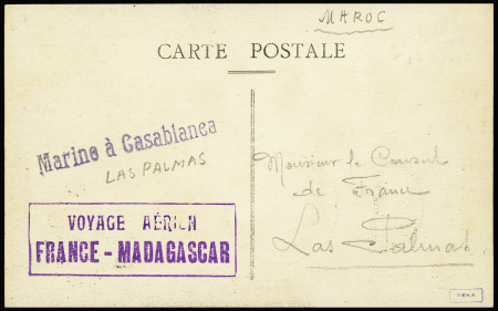 14.10.1926 Casablanca - Las Palmas par Bernard et Bougault - carte postale avec même griffe violette que lot précédent et griffe violette "Marine à Casablanca" (Muller Maroc n°13 - 15 CP existantes). TB. Cote 375€