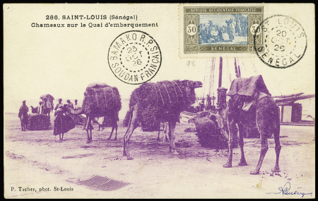 20.10.1926 Saint Louis Bamako par Bernard et Bougault - carte postale avec même griffe encadrée que lots précédents + cachet noir "Gouvernement du Sénégal - Cabinet du gouverneur - Saint Louis" (Muller Sénégal n°11). TB