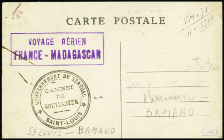 20.10.1926 Saint Louis Bamako par Bernard et Bougault - carte postale avec même griffe encadrée que lots précédents + cachet noir "Gouvernement du Sénégal - Cabinet du gouverneur - Saint Louis" (Muller Sénégal n°11). TB