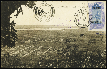 23.10.1926. Bamako - Lokoja par Bernard et Bougault - carte postale avec même griffe encadrée que lots précédents (Muller Soudan n°9 - 15 plis existants). TB. Cote 450€