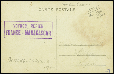23.10.1926. Bamako - Lokoja par Bernard et Bougault - carte postale avec même griffe encadrée que lots précédents (Muller Soudan n°9 - 15 plis existants). TB. Cote 450€
