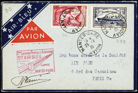 N°299 + 305 OBL CAD "Nantes gare avion" (25.7.35) sur env Air Bleu avec cachet rect rouge "Ligne Nantes Paris" et signature du pilote Vanier. TB