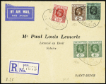 15.11.33 Maurice n°156 + 159 en paire + 177 sur lettre recommandée pour la Réunion avec au verso griffe noire "1ère liaison postale aérienne Réunion Maurice raid Samat escadrille de 3 avions voyage de retour (Muller Maur