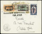 18.2.36. Fort Lamy - Kano (Paris), lettre AFF Tchad n°22 + 28 + 37 avec griffe noire "transporté exceptionnellement par avion" (Muller n°19 Tchad). TB