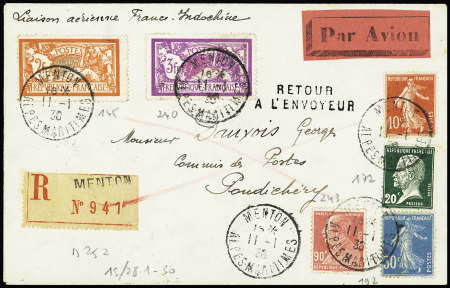 Idem. Lettre recommandée AFF n°145 + 240 + 138 + 172 + 192 + 243 OBL Menton (11.1.1930) (M252). TB