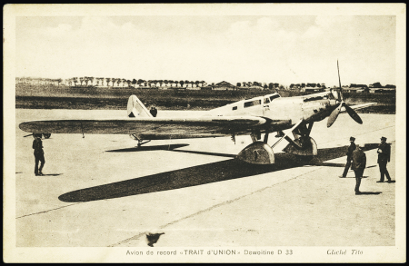 Carte postale neuve avec mention manuscrite imprimée au verso "Trait d'union Dewoitine D33 record du monde 10 500kms en circuit fermé - pilotes Doret et Le Brix. TB