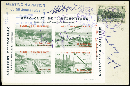 25.7.1937. Meeting d'aviation Pornichet - La Baule - Le Pouliguen. Lettre avec bloc-feuillet de 4 vignettes vertes ND et signatures d'aviateurs dont Marcel Doret. TB