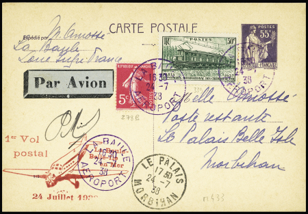 24.7.1938. La Baule - Le Palais, entier carte postale 55c Paix avec cachet rouge illustré d'un avion "Vol postal La Baule - Belle-Ile en Mer" et signature du pilote Miniot. TB