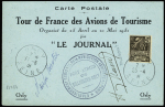 25.4.1931. carte postale bleue "Tour de France des avions de tourisme organisé par "Le Journal" avec signatures de Maryse Bastié et de Massot (Muller n°284). Au verso carte du parcours et divers cachets d'aéro-club. Rare