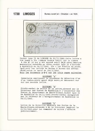 N°14, timbre ayant déjà servi sur lettre avec T15 de Limoges (1860) et taxe 30 double-trait + dossier de saisie (inventaire + procès verbal de saisie + lettre de la Direction des Postes de la Haute-Vienne). TB
