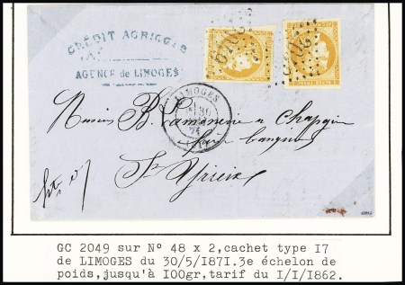 N°48, 40c orange, 2 pièces, OBL GC 2049 + T17 Limoges (30 mai 1871) sur lettre du 3ème échelon de poids. TB