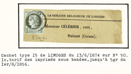 N°50, 1c olive T16 Limoges (1874) sur bande à en-tête "La semaine religieuse de Limoges". TB