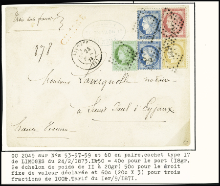 N°53 + 57 + 59 + n°60 en paire OBL GC 2049 + T17 Limoges (1872) sur lettre chargée (VD 300F). TB