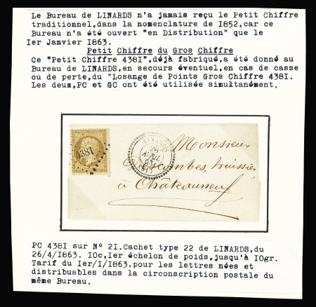 Linards : n°21 OBL PC 4381 + T22 Linards (26.4.1863) sur lettre, ind 18. TB