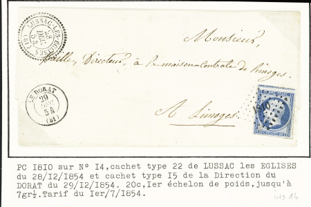 Lussac les Eglises : n°14 OBL PC 1810 + T22 Lussac les Egilses (1854) sur lettre, ind 14. B