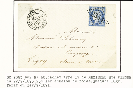 Mézières-Haute-Vienne : 4 lettres : 2 avec PC 1993 + T15 et 2 avec GC 2353. TB