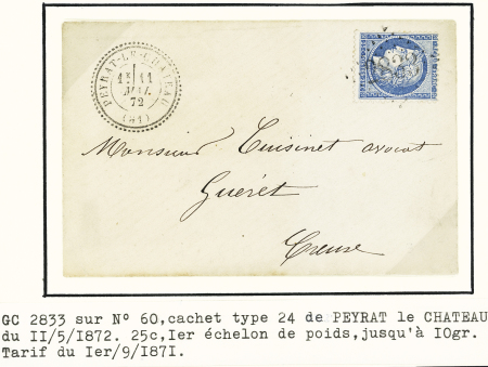Peyrat le Château : 2 lettres avec PC 2421 + T22 et 3 lettres avec GC 2833 + T22 (2) et T24. Ensemble rare et TB