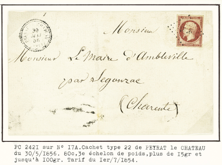Peyrat le Château : 2 lettres avec PC 2421 + T22 et 3 lettres avec GC 2833 + T22 (2) et T24. Ensemble rare et TB