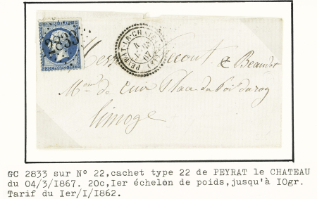 Peyrat le Château : 2 lettres avec PC 2421 + T22 et 3 lettres avec GC 2833 + T22 (2) et T24. Ensemble rare et TB