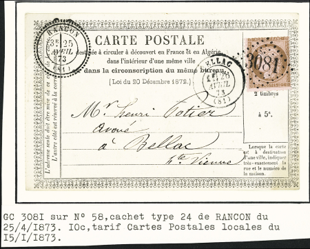 Rancon : Lettre AFF n°13, 2 pièces + n°22 (2) et T24 (1860) et 4 plis avec GC 3081 + T22 (2) et T24 (2). Ensemble rare (ind 18 et ind 19)