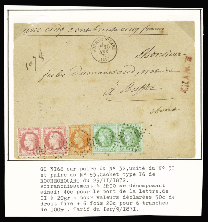 N°31 + 32 en paire + n°5 en paire OBL GC 3168 + T16 Rochechouart (25.11.72) sur lettre chargée (VD 535F). Bel AFF tricolore