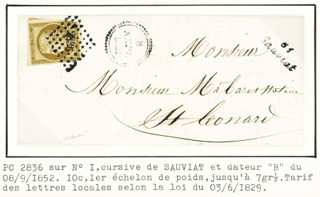 2 lettres : n°1 OBL PC 2836 + cursive "81 Sauviat" + dateur B (1852) et n°13 OBL PC 2836 + T22 Sauviat (1859). TB