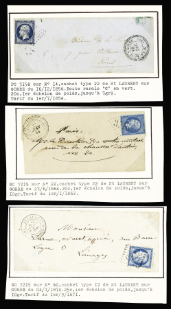 4 lettres : PC 3158 + T22 (1856) - PC du GC 3715 + T22 (1865) - GC 3715 + T22 et T17. Ensemble rare