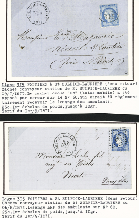 Saint Sulpice Laurière : 2 lettres avec convoyeur station dont l'une AFF n°60 annulée par erreur "BM" dans un ovale. TB