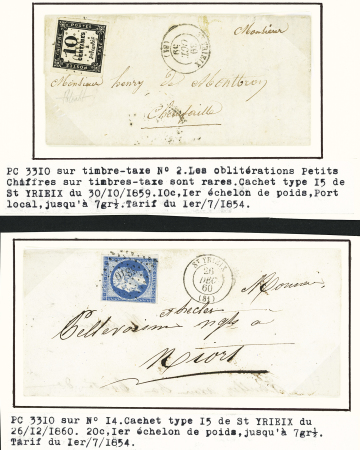 Saint Yrieix : 4 lettres avec PC 3310 dont l'une AFF timbre-taxe n°2 + T15 (1859). Joli lot