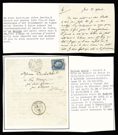 Ballon monté : n°29 OBL étoile 20 + CAD "Paris R. St DOMque St Gn 587" (22 sept 70) avec arrivée Limoges 22 oct