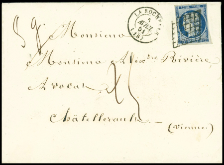 N°3 OBL grille + T13 La Rochelle (13 aout 1849) sur lettre, ind 18 + n°4 OBL grille + T15 La Rochelle (1851) sur lettre avec taxe 25 manuscrite (poids 8g au lieu de 7,5g). TB
