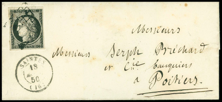 N°3 OBL grille + T15 Saintes (1850) sur lettre, ind 12. TB
