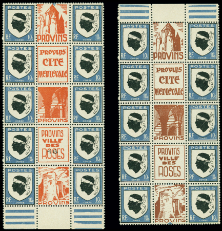 N°755b (Maury) 10c "Corse", deux blocs de 10 interpanneau