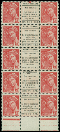 N°412c (Maury) 30c rouge Mercure, bloc de dix interpanneau