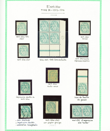 N°111, 5c vert-bleu avec nuances et variétés sur 4